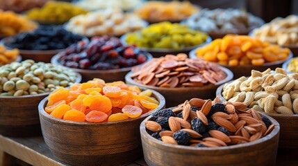 Dry fruits on display at the market, creating a mix of vibrant and colorful backgrounds. - obrazy, fototapety, plakaty