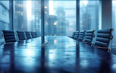 High level meeting of excutive room is decorated with stylish table and chairs around.