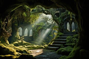 Sunlight filters through ancient trees in a moss-covered forest - obrazy, fototapety, plakaty