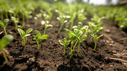 Obraz premium Healthy young seedlings thriving in a nutrient rich soil environment