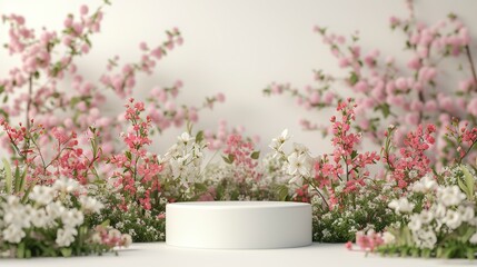 Podium flower product white 3d spring table beauty stand display nature white. Garden floral background cosmetic field scene gift day - obrazy, fototapety, plakaty