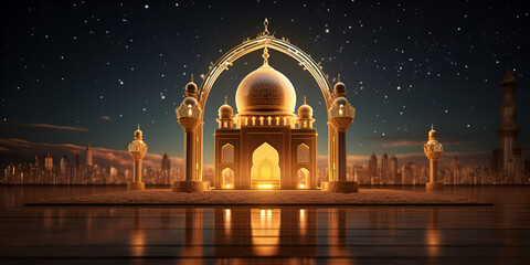 Islamic Golden,Muslim Building ,golden decorations, Islamic design, ornate details, traditional Islamic patterns, gold accents,