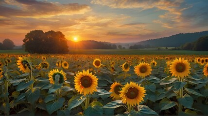 Fototapeta premium sunset in the field of sunflowers