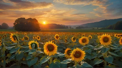 Rolgordijnen sunset in the field of sunflowers © Roselita