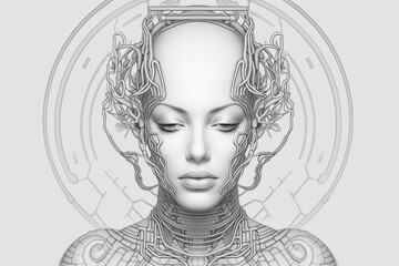 Fine-art portrait concept. Abstract and surreal dreamlike beautiful woman minimalist portrait. Sketch, three dimensional, tiny detailed drawing style. Black and white image