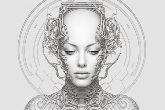 Fine-art portrait concept. Abstract and surreal dreamlike beautiful woman minimalist portrait. Sketch, three dimensional, tiny detailed drawing style. Black and white image
