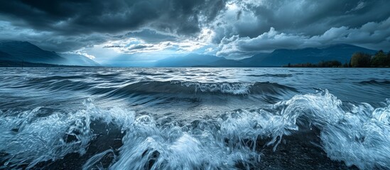 Breaking Waves Reflecting Dramatic Cloudy Sky Over a Serene Lake
