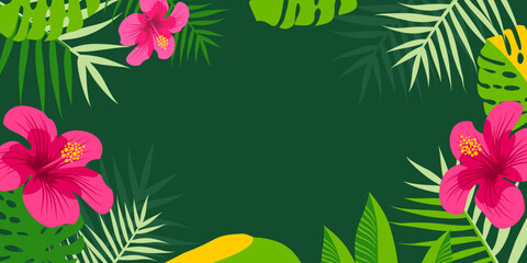 Tropical background. Vector web banner, poster, card for social media, networks. Hibiscus, tropical flowers on green background. Asian Pacific American Heritage Month background. Monstera leaf