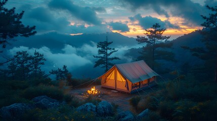 Tent camp with campfire on the forest  - obrazy, fototapety, plakaty
