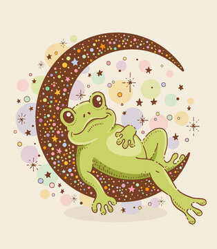 Cute frog on moon at night. Childish poster for nursery with funny animal character on crescent moon and stars. Concept of dream, night, mystic, vector sketch illustration. Bedtime frog on moon design