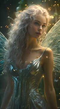 blonde beauty in blue dress with sparkling fdigitalry wings