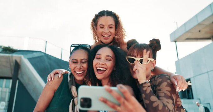 Selfie, peace or friends with fashion in city on holiday vacation with youth culture, streetwear or smile. Happy, trendy women or stylish urban clothing with social media, swag or diversity together