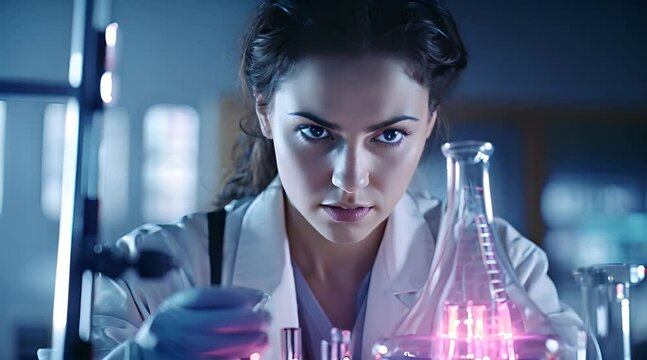 chemist conducting experiment with beaker and laboratory equipment