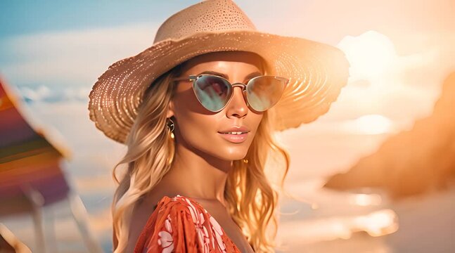 a woman wearing a hat and sunglasses on the beach