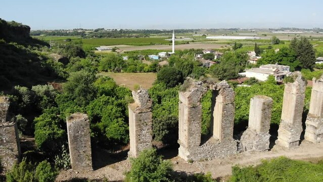 Aerial view of Aspendos aquduct remains. Ruins of aqueduct in Antalya, Turkey.