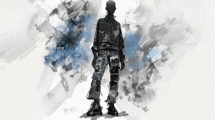 Naklejka premium edgy fashion design sketch for a virtual influencer, featuring patchwork denim and graphic tees, with a color palette of washed-out blacks and greys