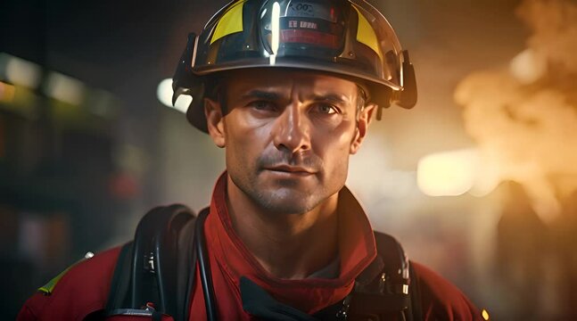 a man wearing a fireman's helmet in a dark room
