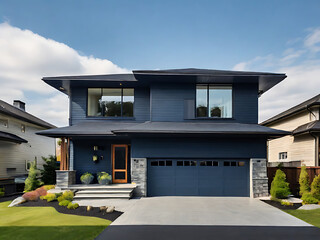 Cutting-Edge Styling and Natural Stone Elements Enhance Vibrant Fresh Residence with Double Garage and Dark Blue Siding