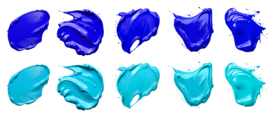 2 Collection set of dark light blue turquoise blob paint ink liquid smear smudge swatch cream gel wax on transparent background cutout, PNG file. Many different design. Mockup template artwork graphic