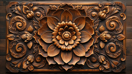 Portrait of mandala carving on the wood. Top view of circular flower pattern. Decorative ornament in ethnic oriental style. Generative AI