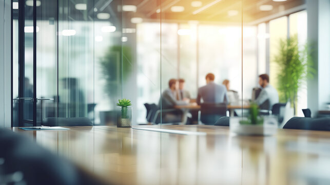 Blurred Business Office Interior with Casual Wear People and Panoramic Windows – Bokeh Background