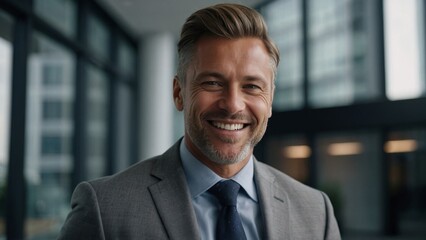 Fototapeta premium Portrait of successful senior businessman headshot of executive consultant looking at camera smiling inside modern office building generative ai