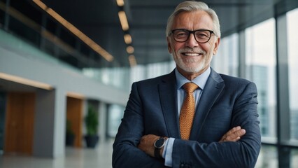 Obraz premium Portrait of successful senior businessman headshot of executive consultant looking at camera smiling inside modern office building generative ai