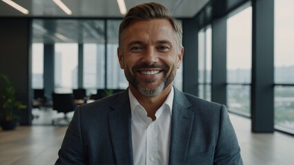 Fototapeta premium Portrait of successful senior businessman headshot of executive consultant looking at camera smiling inside modern office building generative ai