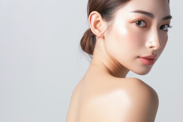 肩越しに振り返る肌の綺麗な日本人女性（白背景・背景なし・肩こり・スマホ首）	