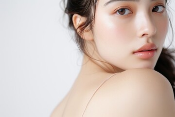 肩越しに振り返る肌の綺麗な日本人女性（白背景・背景なし・肩こり・スマホ首）	