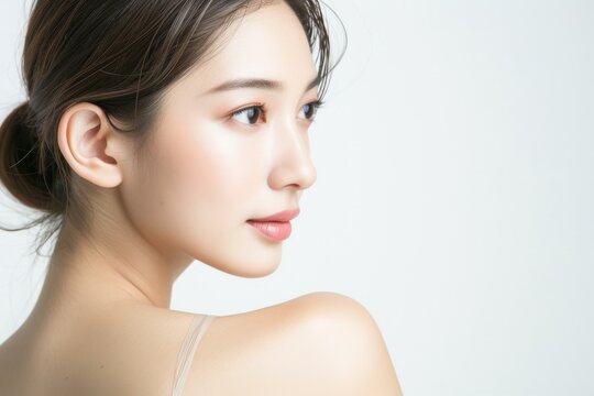 肩越しに振り返る肌の綺麗な日本人女性（白背景・背景なし・肩こり・スマホ首）	