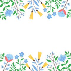 Fototapeta premium Floral Frame With Blue and Yellow Flowers and Green Leaves on White