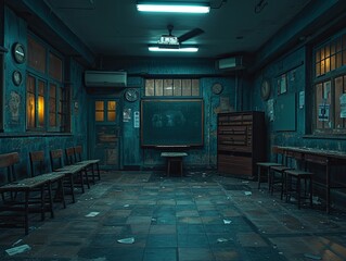 Eerie Empty Classroom - obrazy, fototapety, plakaty