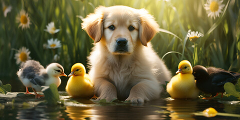 A dog with a duck ,Ducklings photos,animal friendship, adorable, unlikely duo, canine companion, feathered friend, pets,  - obrazy, fototapety, plakaty