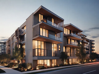 Photo of an architectural design for a contemporary apartment complex. Modern modular private townhouses. Residential minimalist architecture exterior. 