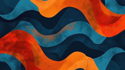 Groovy psychedelic abstract wavy background with rough texture combined with retro colors mahogany, peacock blue and tangerine - obrazy, fototapety, plakaty