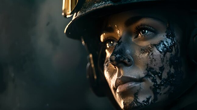 a woman in a fireman's uniform with black paint on her face