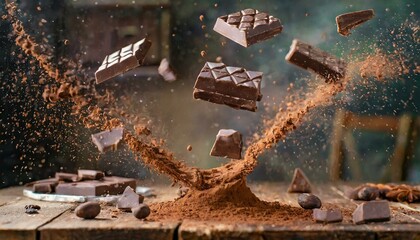 Chocolate and cocoa powder flying on air, chocolate, food, sweet, dessert, brown, coco