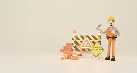 Worker cartoon character with under construction and symbol worker hold stop or road sign.3D rendering