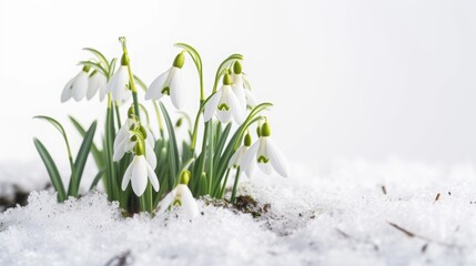 snowdrops on a white background with space for text.