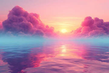 Majestic hues of orange, red, and pink paint the cloudscape as the sun dips below the horizon, casting a warm glow on the ocean