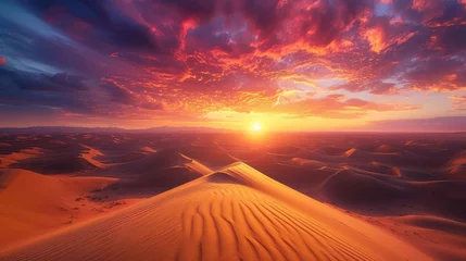 Photo sur Plexiglas Orange An expansive desert landscape at sunset, vivid colors in the sky, dunes creating patterns, portraying the beauty of wilderness. Resplendent.