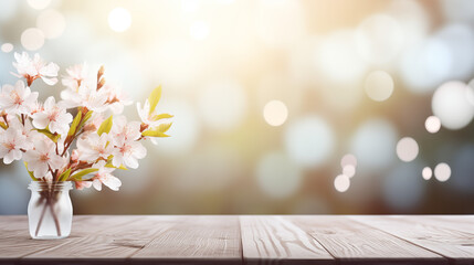 Empty table background with spring theme in background - obrazy, fototapety, plakaty