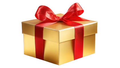 Obraz premium Golden gift box with red ribbon bow isolated on transparent background.