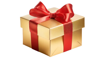 Golden gift box with red ribbon bow isolated on transparent background.