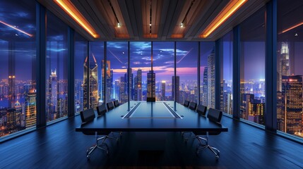 Fototapeta premium Panoramic conference room in modern office, cityscape of skyscrapers at night.