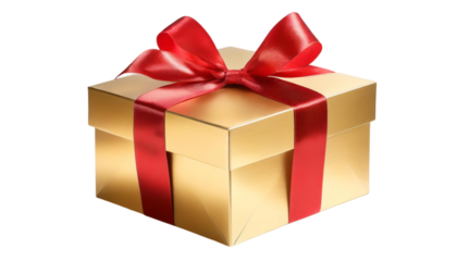 Golden gift box with red ribbon bow isolated on transparent background.