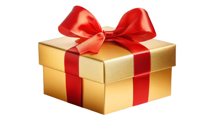 Golden gift box with red ribbon bow isolated on transparent background.