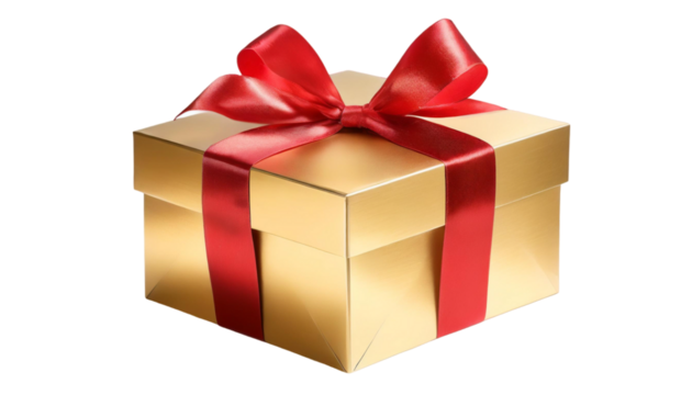 Golden gift box with red ribbon bow isolated on transparent background.
