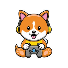Fototapeta premium cute shiba gamer with headphone vector illustration in isolated background